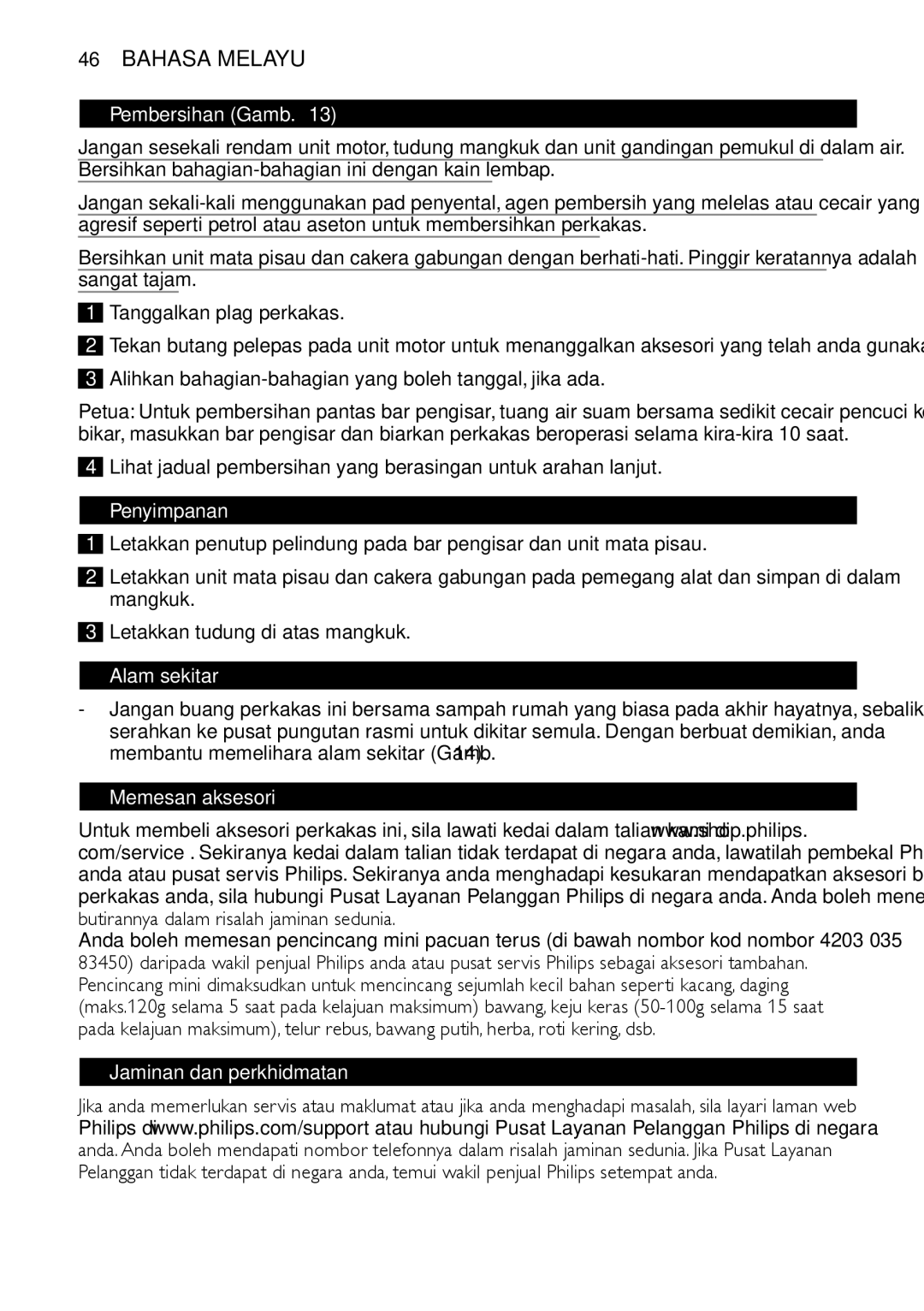 Philips HR1619 manual Pembersihan Gamb, Alihkan bahagian-bahagian yang boleh tanggal, jika ada, Alam sekitar 